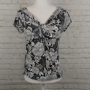 Ann Taylor Petites Black & White Floral Top Sz MP